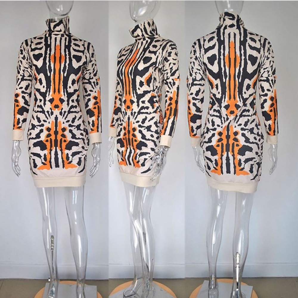 Animal Print Leopard Print Turtleneck Sweater Dress